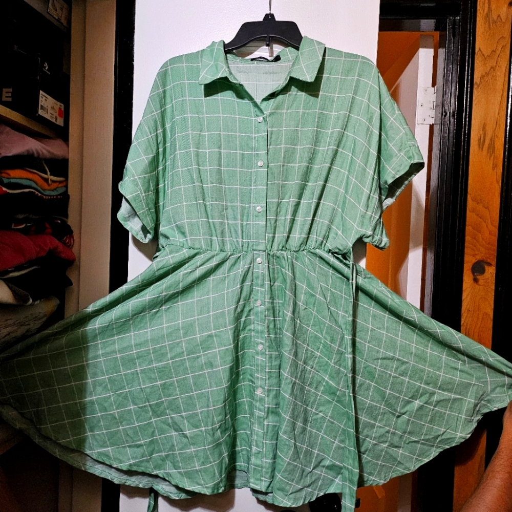 Mint Plaid Mini Tie Waist Dress in Large Size